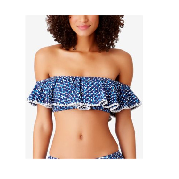 Anne Cole Flounce Around Off Shoulder Bikini Swim Top Size M Blue Geo Dot New - Picture 1 of 5